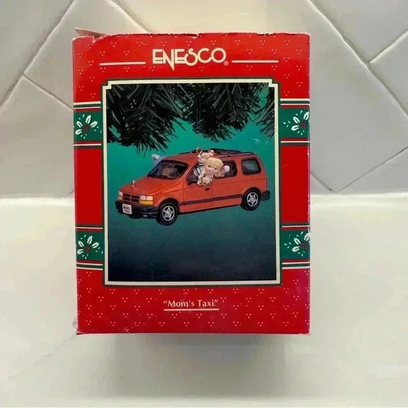 VINTAGE!! Enesco "Mom's Taxi" Christmas Ornament Red Car 1990 Holiday Decor - Picture 1 of 10